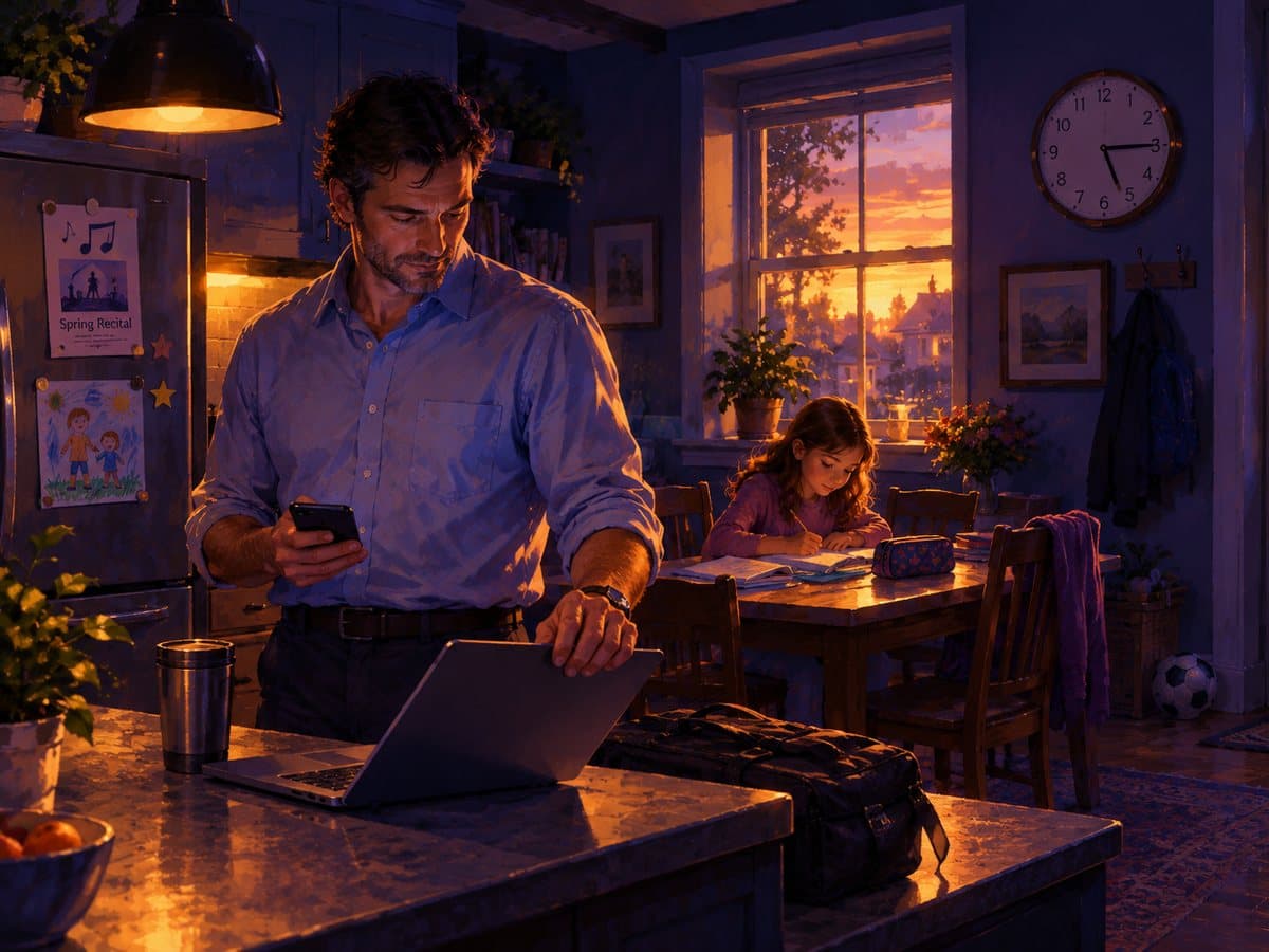 Daniel in the kitchen after work, laptop open on the counter, while his daughter does homework at the table