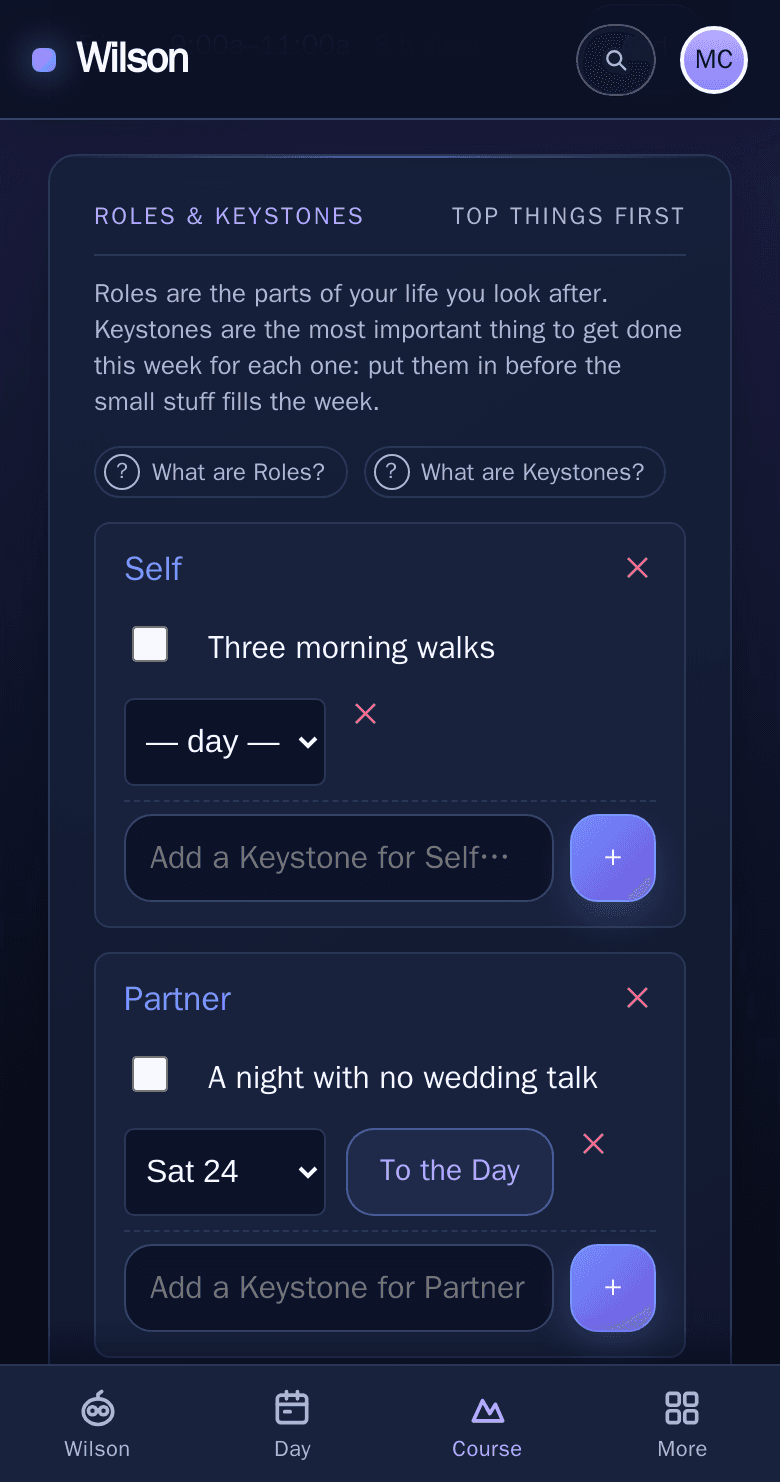 On a phone: Maya’s Course, with Keystones for Self and Partner, “A night with no wedding talk” set for Saturday