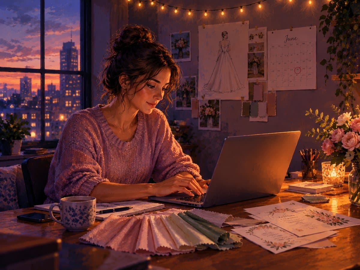 Maya at her desk in the evening, with fabric swatches, a laptop and a vase of flowers, the city lit up outside