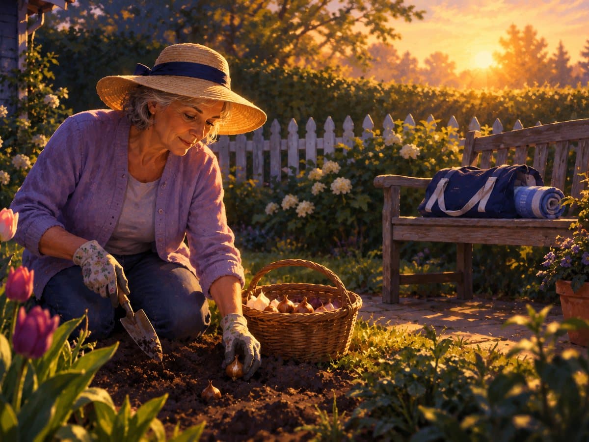 Ruth in her garden in the morning sun, a trowel and tulip bulbs by the bed and her swim bag on the bench